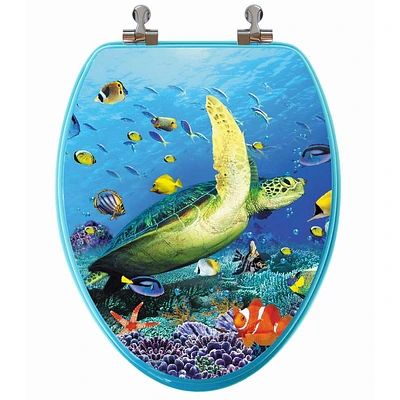 TopSeat High Res 3D Image Sea Turtle Elongated Regular Lid Closure Chromed Metal Hinges Toilet Seat