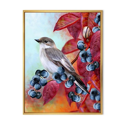 Designart Petit oiseau gris sur l'automne rouge sur la brindille de myrtille ART MURAL À CADRE FLOTTÉ