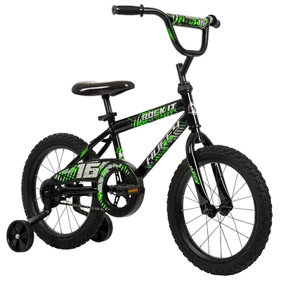 Huffy Rock It 16-inch Boys’ Bike with Training Wheels, Black, 4-6 years