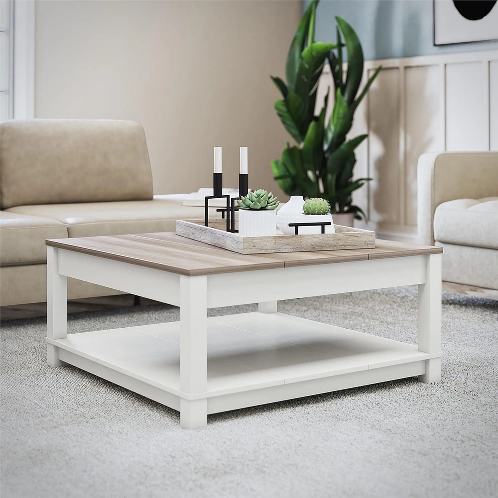 Ameriwood Home Chapel Hill Rustic Farmhouse Coffee Table, White with Brown Oak Top