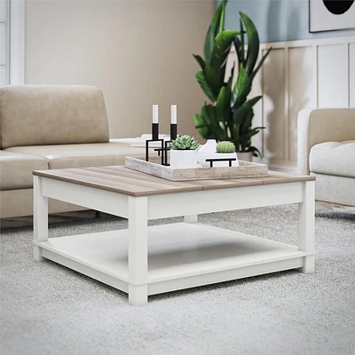 Ameriwood Home Chapel Hill Rustic Farmhouse Coffee Table, White with Brown Oak Top