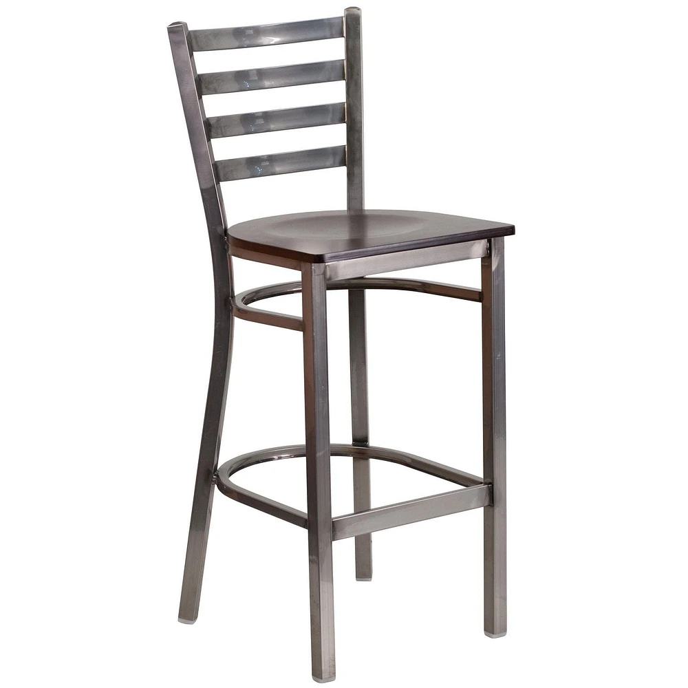 HERCULES Series Clear Coated Ladder Back Metal Restaurant Barstool - Walnut Wood Seat