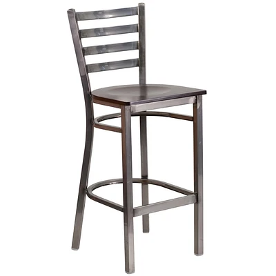 HERCULES Series Clear Coated Ladder Back Metal Restaurant Barstool - Walnut Wood Seat