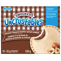 Smucker's Uncrustables Chocolate Hazelnut Spread Sandwich, Frozen, Pack of 10, Uncrustables soft, round and crustless Chocolate Flavoured Hazelnut Spread Sandwiches are a delicious way to make your family’s day. It’s the perfect snack anytime, anywhere. Found in the freezer aisle. Just Thaw & Eat