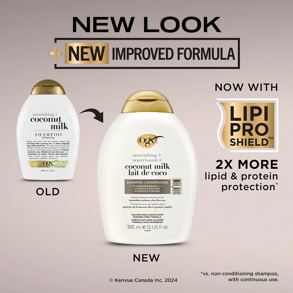 Shampooing hydratant OGX nourrissant + lait de coco, ce shampooing hydratant et réparateur hydrate pour des cheveux doux dès le premier emploi, sans parabènes ni surfactants sulfatés 385 ml