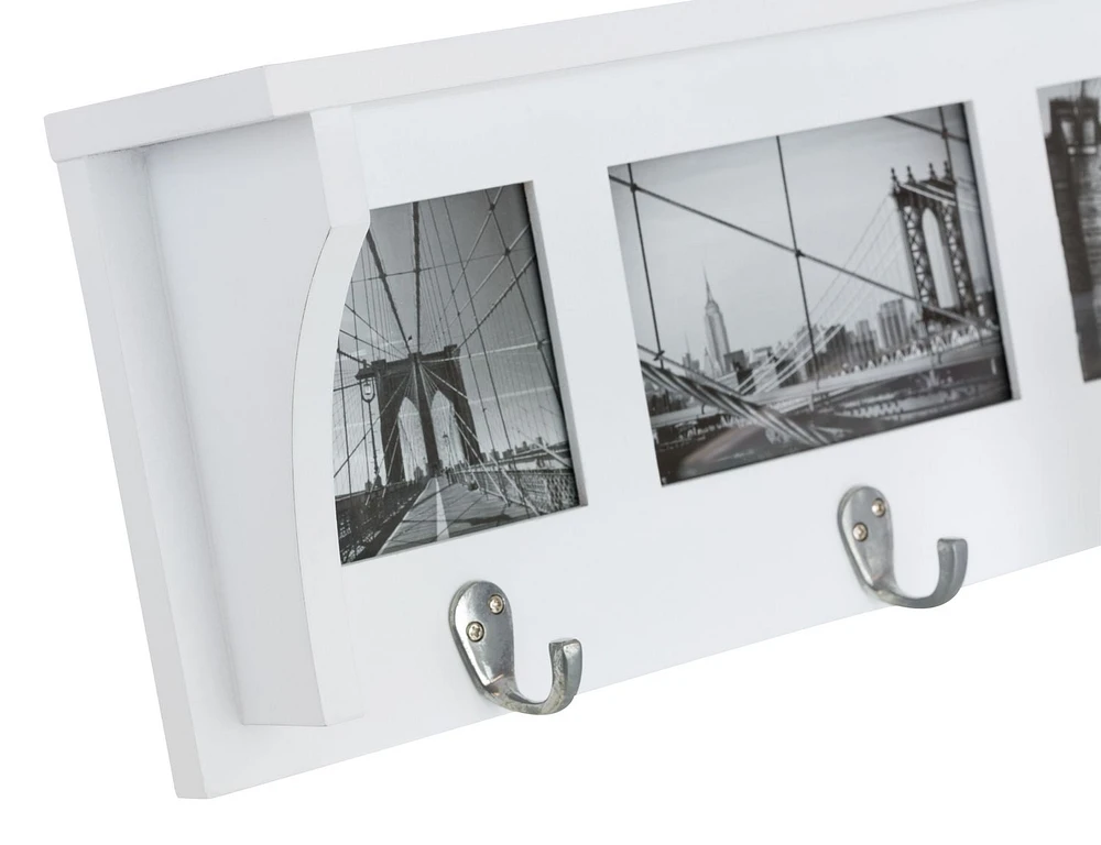 Kiera Grace Riley Wall Shelf and Picture Collage With Three Hooks, 18.75"L x 4"D X 7"H, White