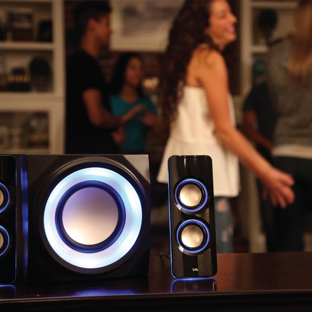 Système de haut-parleurs 3 pièces Cyber Acoustics CA-SP34BT, 32 W (total), Bluetooth, canal 2.1 avec caisson de basses et effets lumineux LED, son stéréo complet, noir