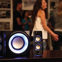 Système de haut-parleurs 3 pièces Cyber Acoustics CA-SP34BT, 32 W (total), Bluetooth, canal 2.1 avec caisson de basses et effets lumineux LED, son stéréo complet, noir
