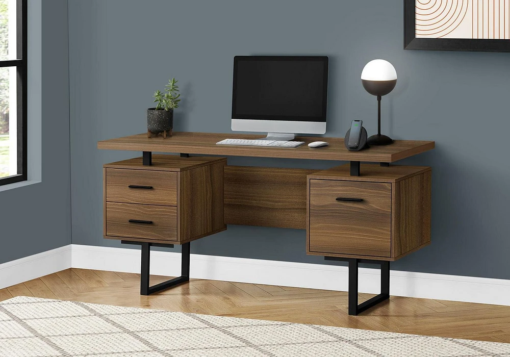 Monarch Specialties Computer Desk, Home Office, Laptop, Left, Right Set-up, Storage Drawers, 60"l, Work, Metal, Laminate, Walnut, Black, Contemporary, Modern