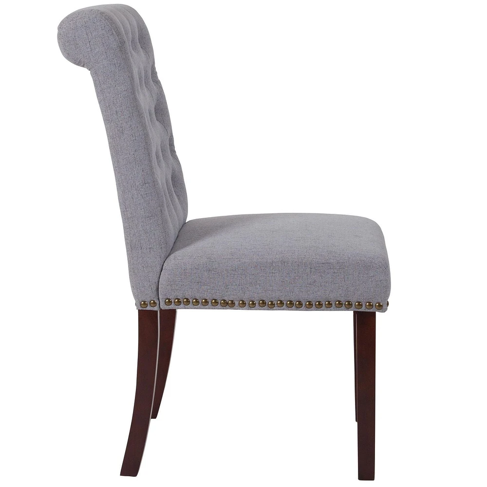 HERCULES Series Light Gray Fabric Parsons Chair with Rolled Back, Accent Nail Trim and Walnut Finish