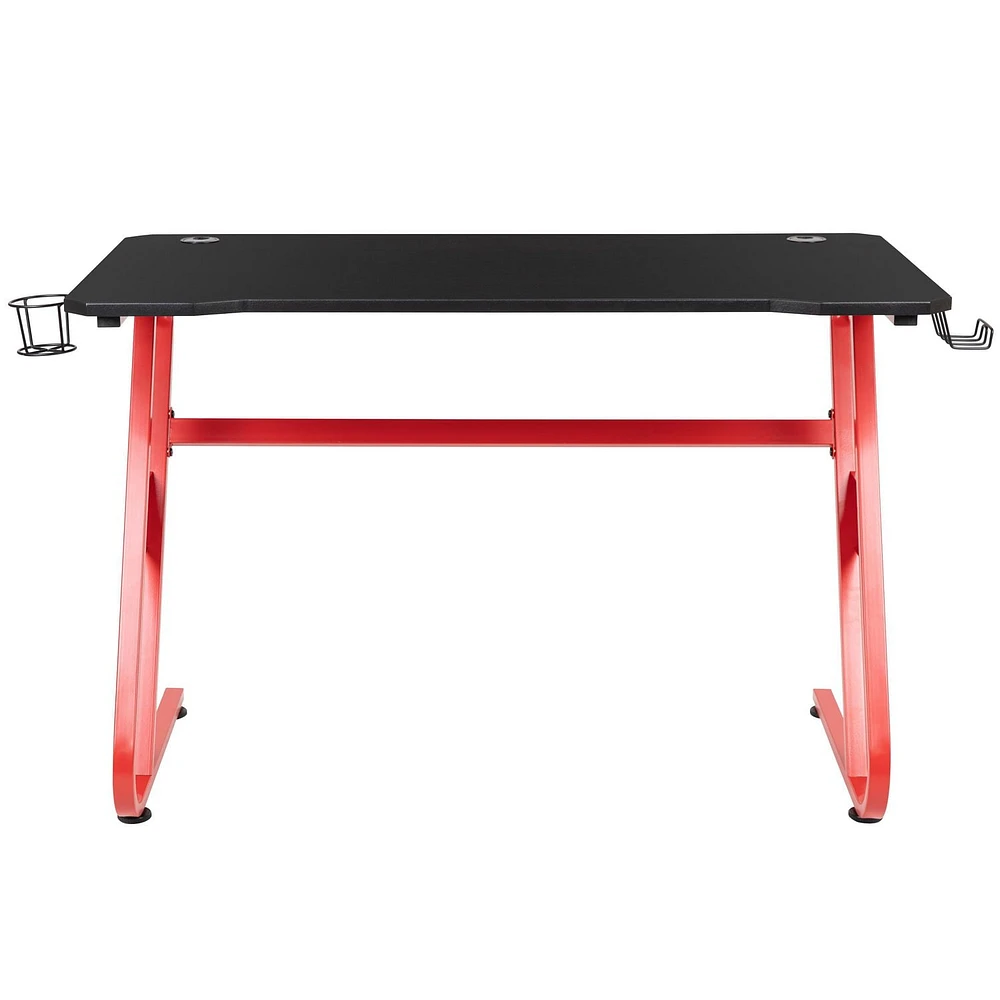 Bureau ergonomique de jeu rouge avec porte-gobelet et crochet pour casque
