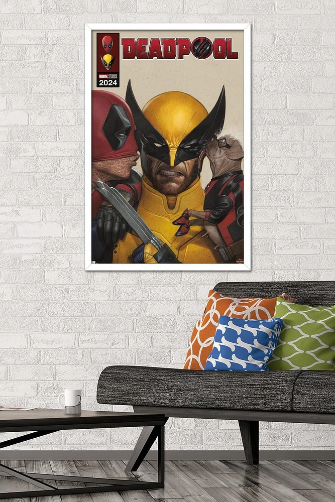 Marvel Deadpool & Wolverine - Homage Cover Wolverine Kisses Wall Poster with Magnetic Frame, 22.375" x 34"