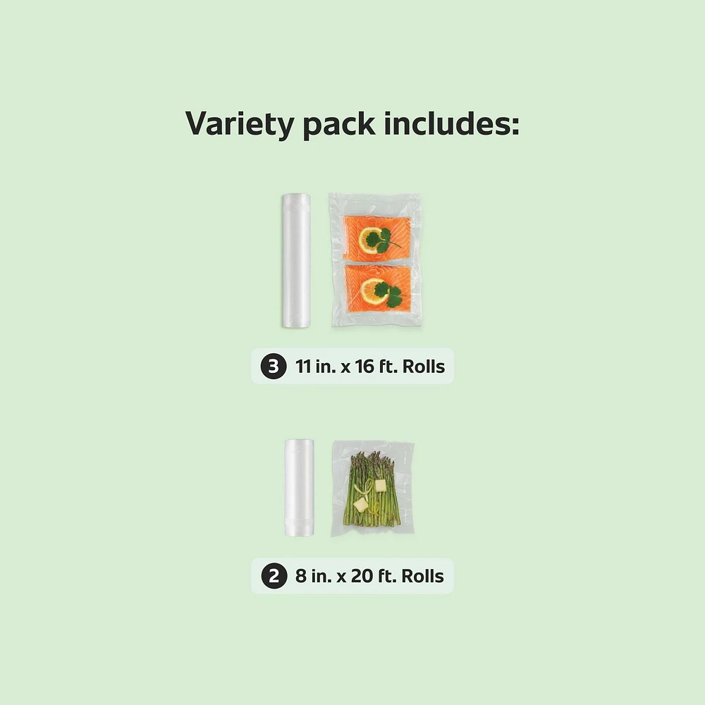 FoodSaver Vacuum Sealer Bags for Airtight Food Storage and Sous Vide, Variety Pack, 8" x 20' and 11" x 16', 5 Count