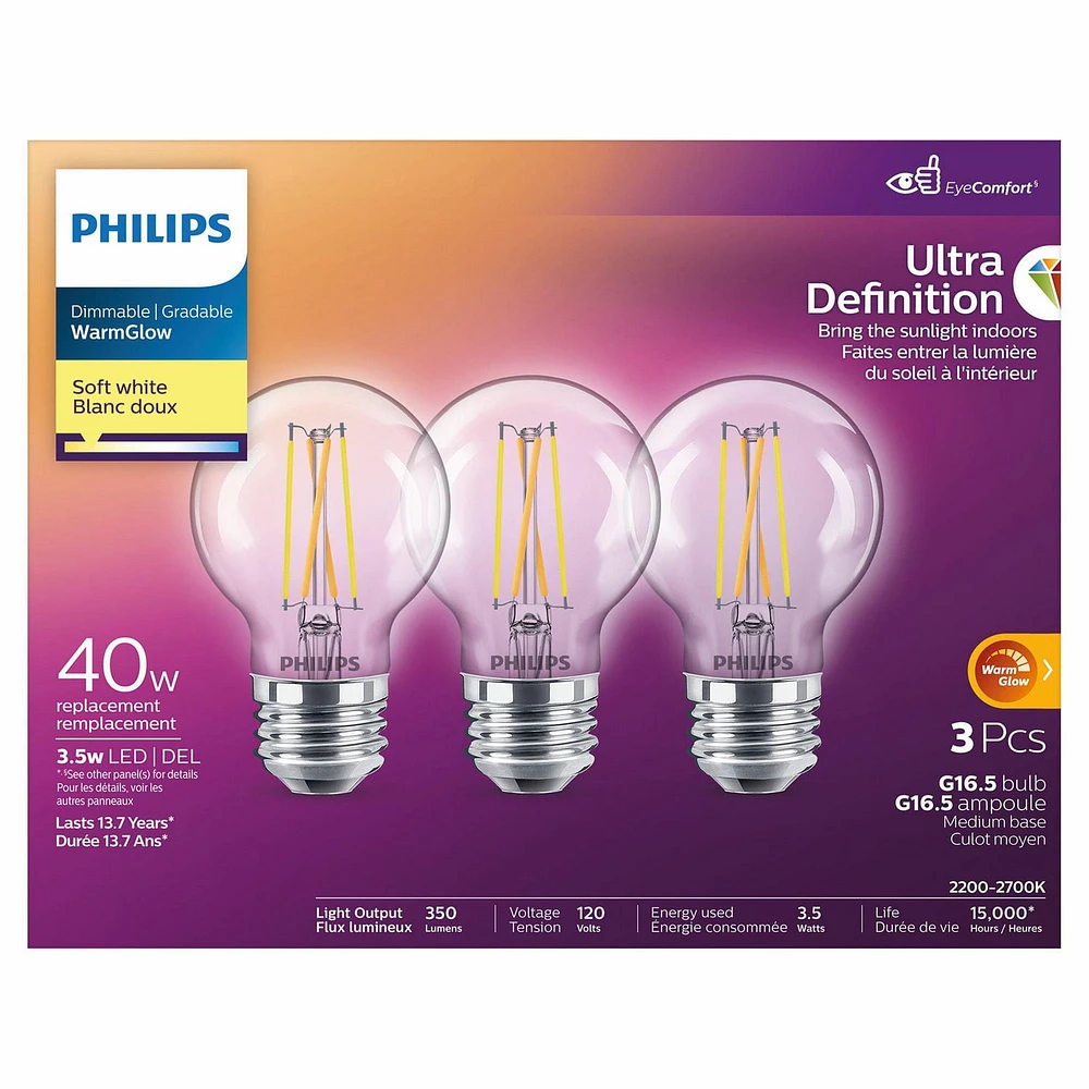 Philips Ultra Définition LED G16.5 E26 40 W équivalent ampoule globe à intensité variable Blanc doux (2 700 K), paquet de 3 Philips G16,5 40 W