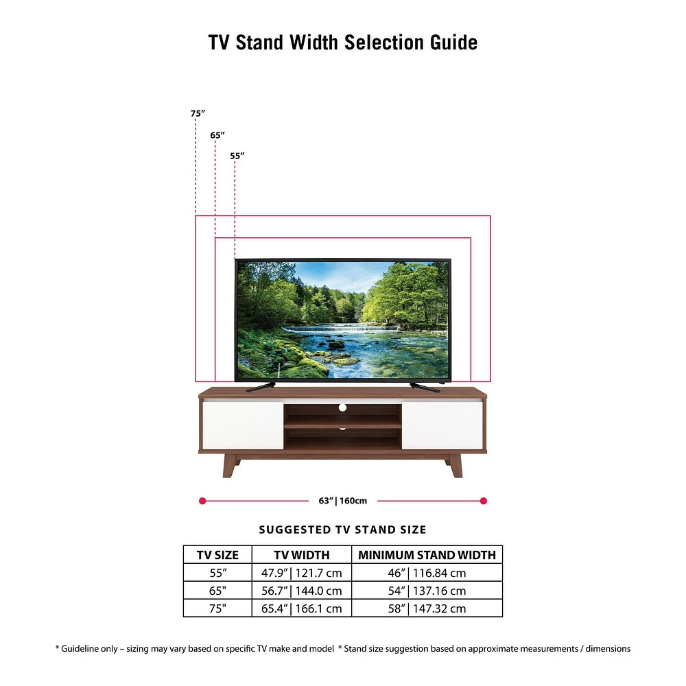 Fort Worth 63"L White and Brown Wood Grain Finish TV Stand with Open and Closed Storage