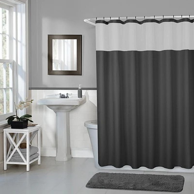hometrends Home Trends Smart Curtains Hendrix Fabric Shower Curtain with Attached Roller Glide Hooks, 70 Inches X 72 Inches, Black, Horizontal stripe pattern