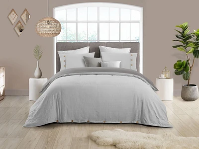 Reversible Natural Crinkle Fabric Ultra Soft Solid Duvet Cover Set - Beautiful Button Closure