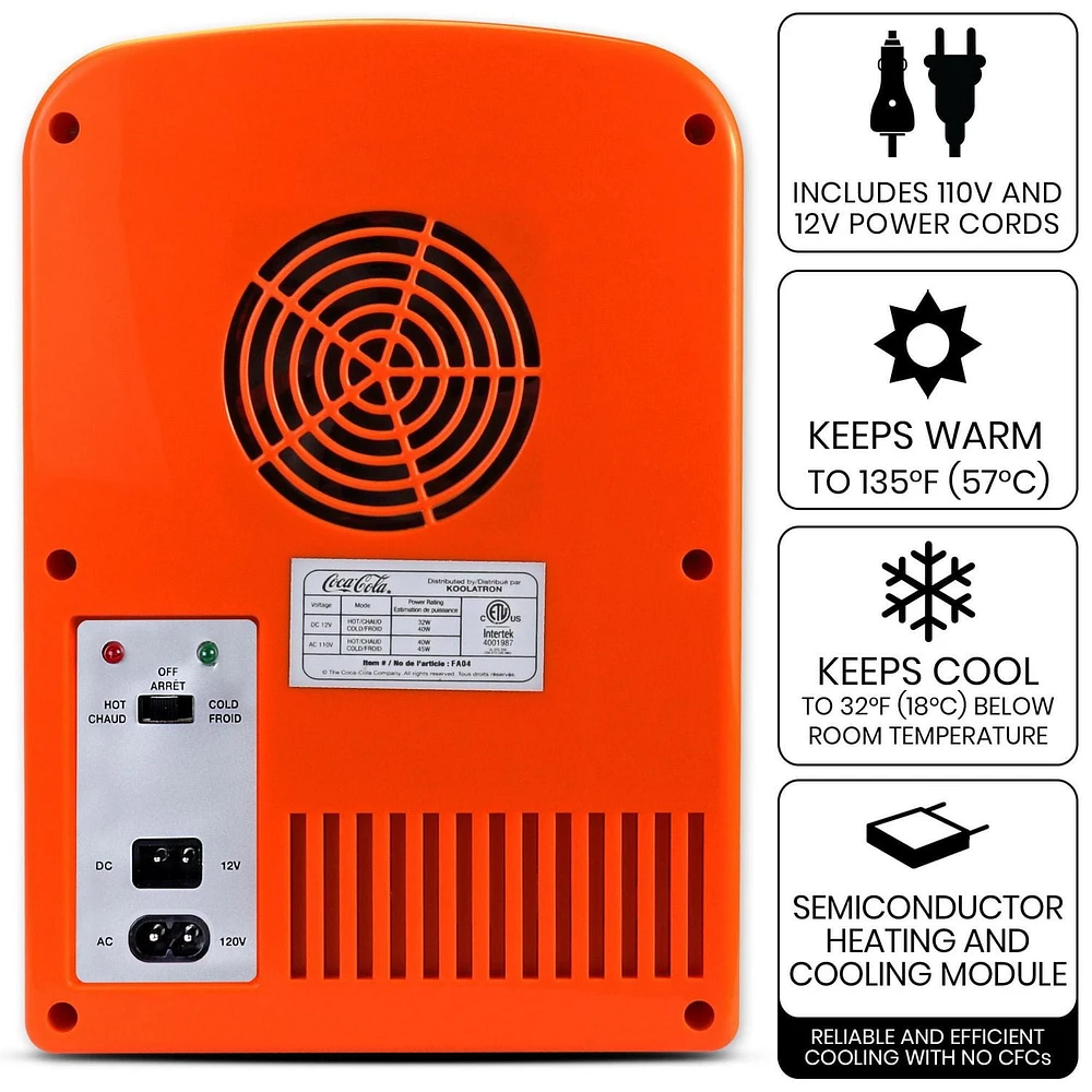 Coca-Cola Mini réfrigérateur thermoélectrique portable, capacité de 6 canettes, 4 L/4,2 qt, 12 V DC/110 V AC pour la maison, dortoir, voiture, bateau, soins de la peau, boissons, collations, médicamen