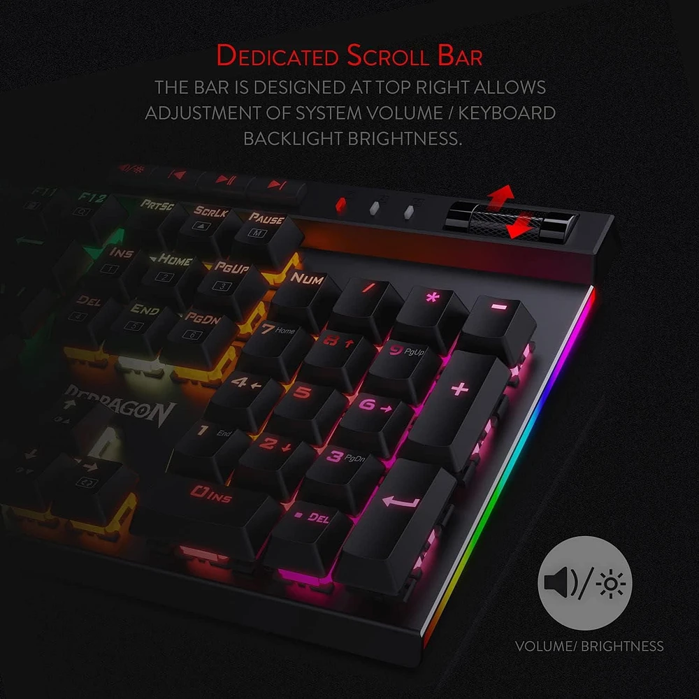 Redragon K580 VATA RGB Mechanical Gaming Keyboard, 104 Keys Gamer Keyboard with Blue Tactile Mechanical Switches, Customizable RGB Backlit, 5 On-Board Macro Keys & Dedicated Media Controls Panel