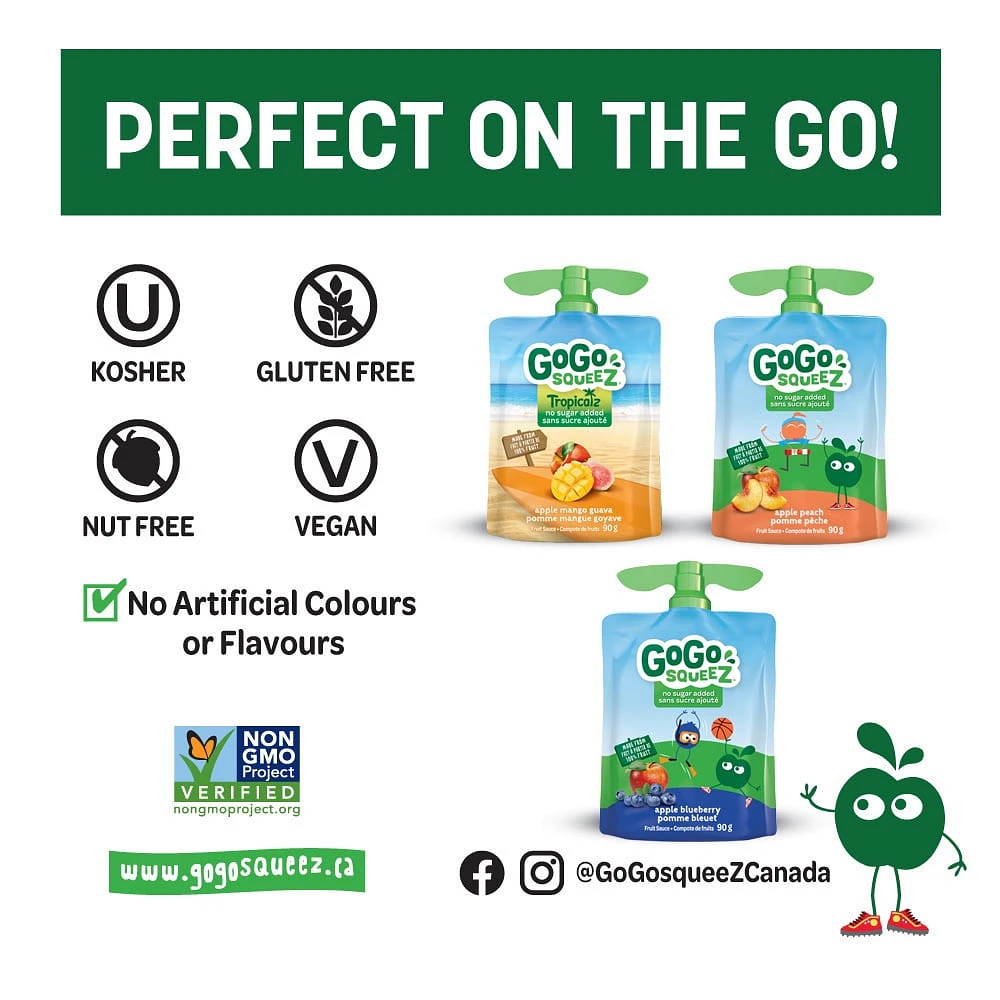 GoGo squeeZ Fruit Sauce Variety Pack, Mango Guava, Peach, Blueberry, No Sugar Added. 90g per pouch, Pack of 20, 1.8kg