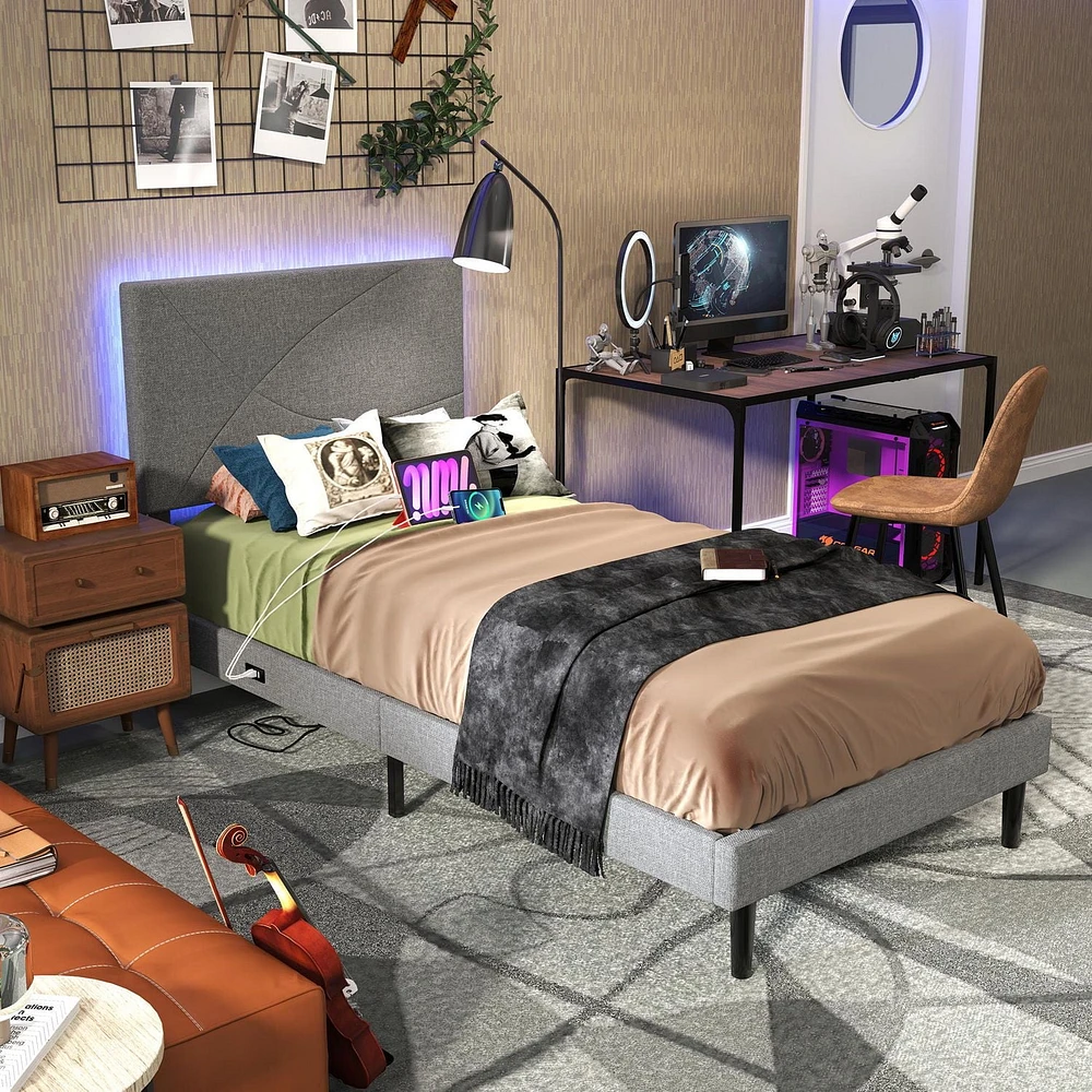 Cadre de lit rembourré pour enfants Homy Casa avec ports USB et tête de lit à lumière DEL, lattes métalliques robustes