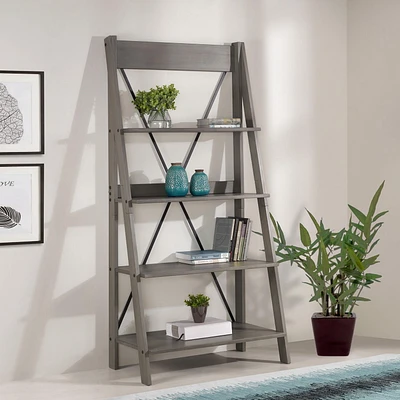 4 Shelf Modern Farmhouse Solid Wood Ladder Bookshelf and Storage - Grey