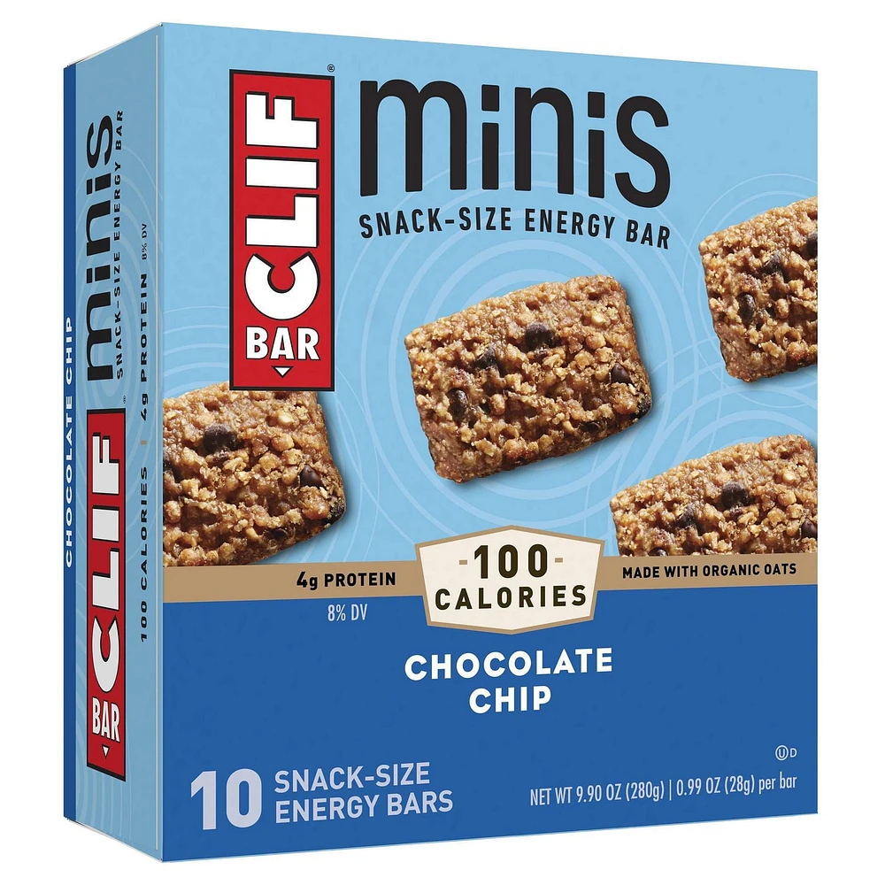 CLIF BAR, Mini Chocolate Chip Energy Bar, 70% Organic Ingredients, No Artificial Flavours, 28 g (Pack of 10)