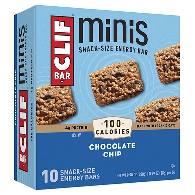 CLIF BAR, Mini Chocolate Chip Energy Bar, 70% Organic Ingredients, No Artificial Flavours, 28 g (Pack of 10)
