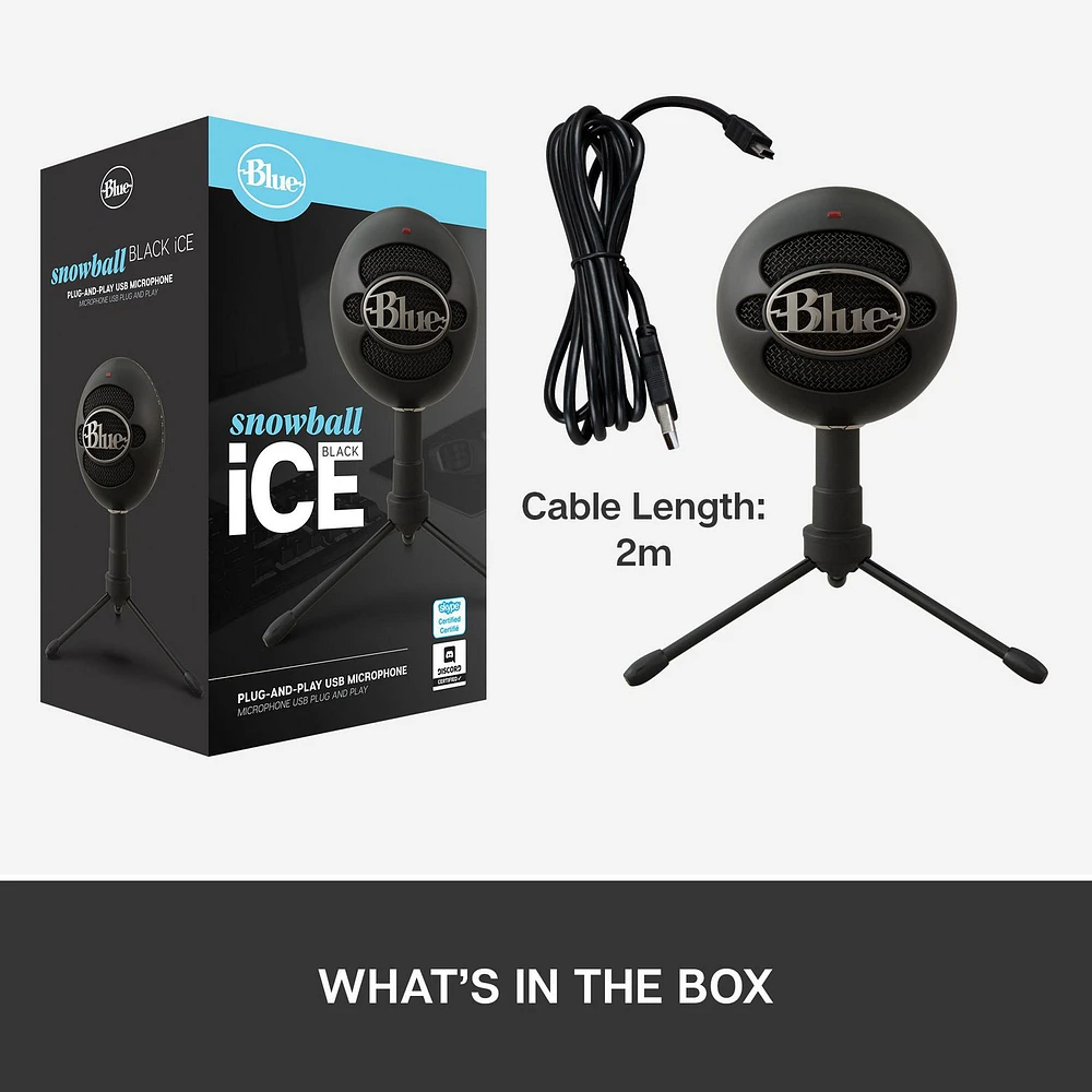 Blue Snowball iCE Plug 'n Play USB Microphone for Recording, Streaming, Podcasting, Gaming on PC and Mac, with Cardioid Condenser Capsule, Adjustable Desktop Stand and USB cable - Black