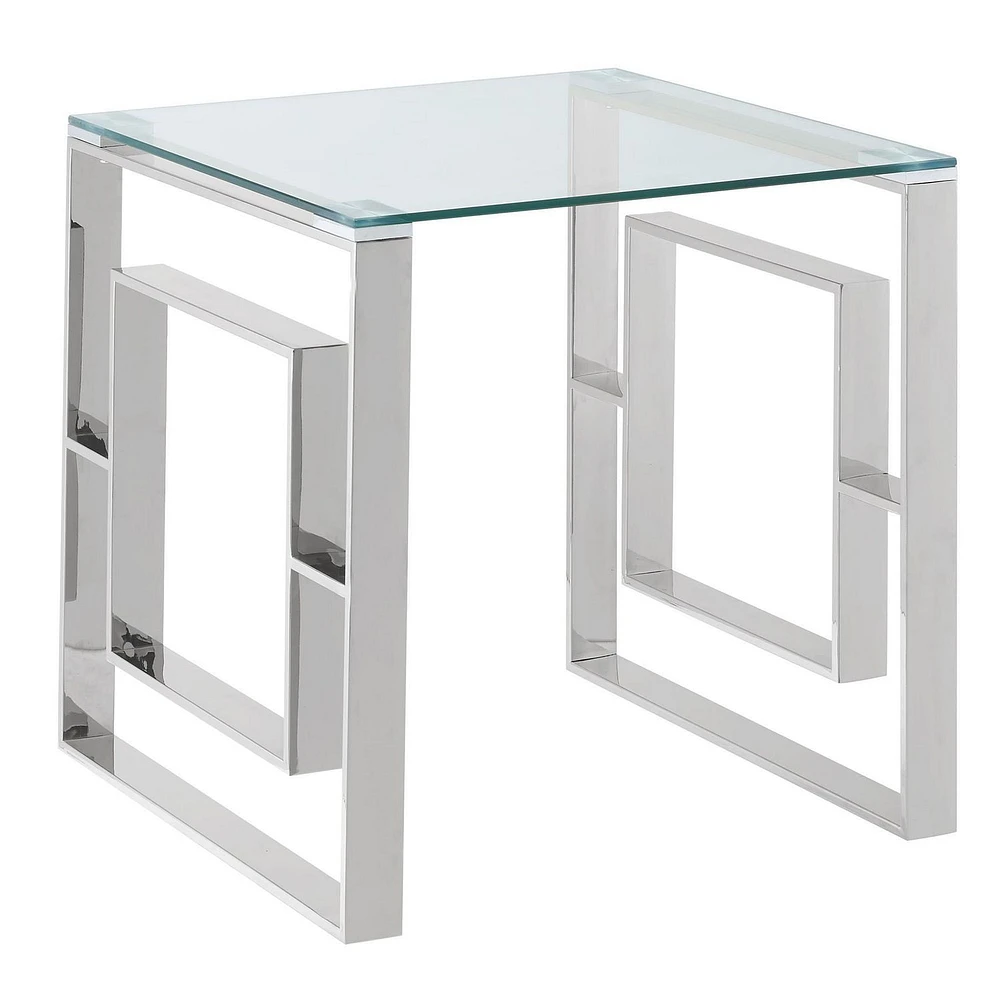 Table d'appoint contemporaine en acier inoxydable et verre – argent