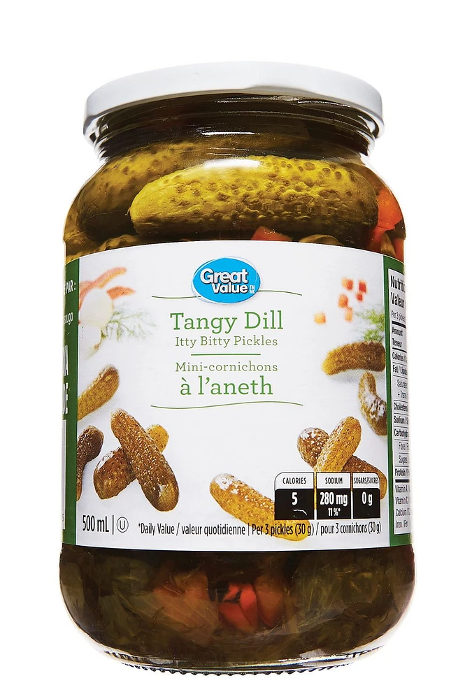 Great Value Tangy Dill Itty Bitty Pickles, 500 mL
