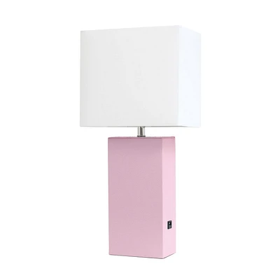 Lampe de table design moderne en cuir élégant avec abat-jour USB et tissu blanc