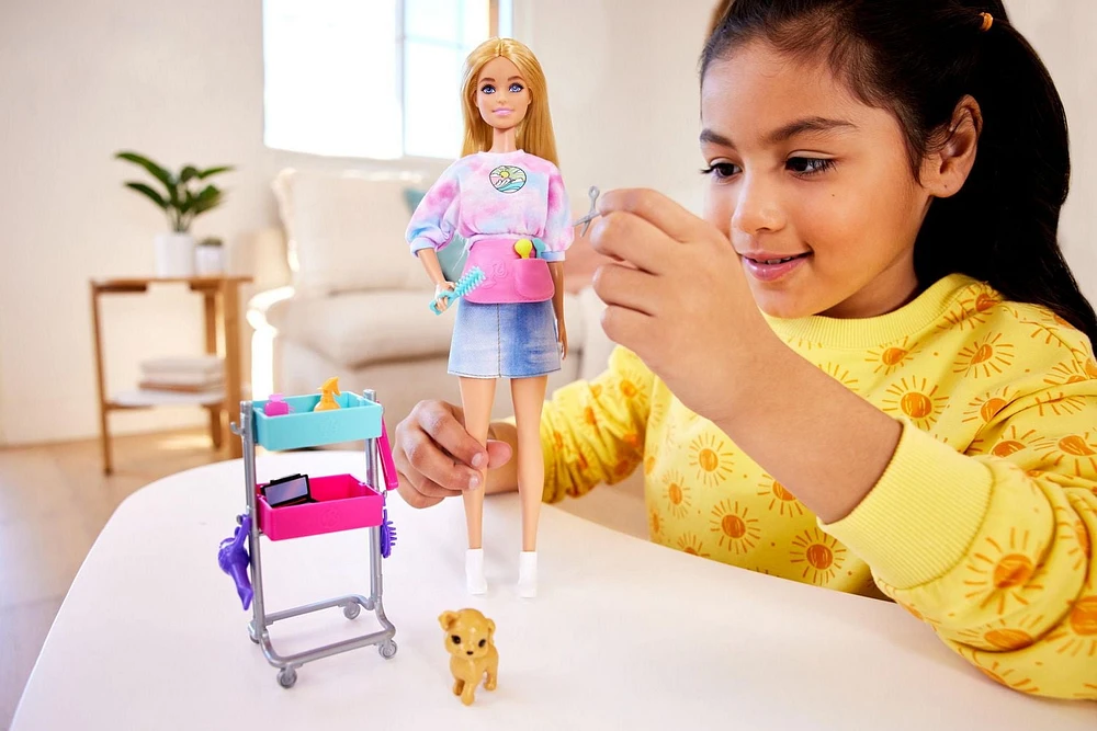 Barbie “Malibu” Stylist Doll & 14 Accessories Playset, Hair & Makeup Theme with Puppy & Styling Cart, Ages 3+