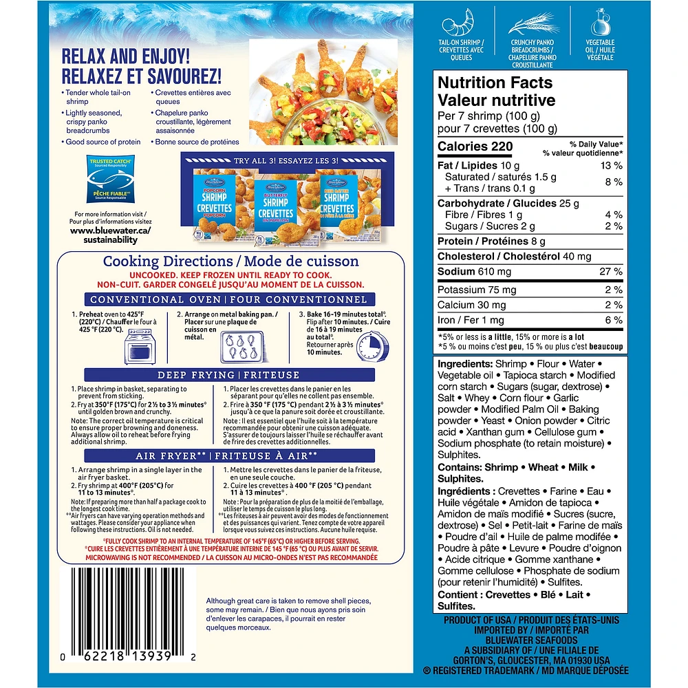 Crevettes papillon BlueWater Seafoods, Crevettes entières à, Panées avec une chapelure Panko croustillante, Congelé, Emballage de 261 g Crevettes papillon croustillantes avec chapelure Panko