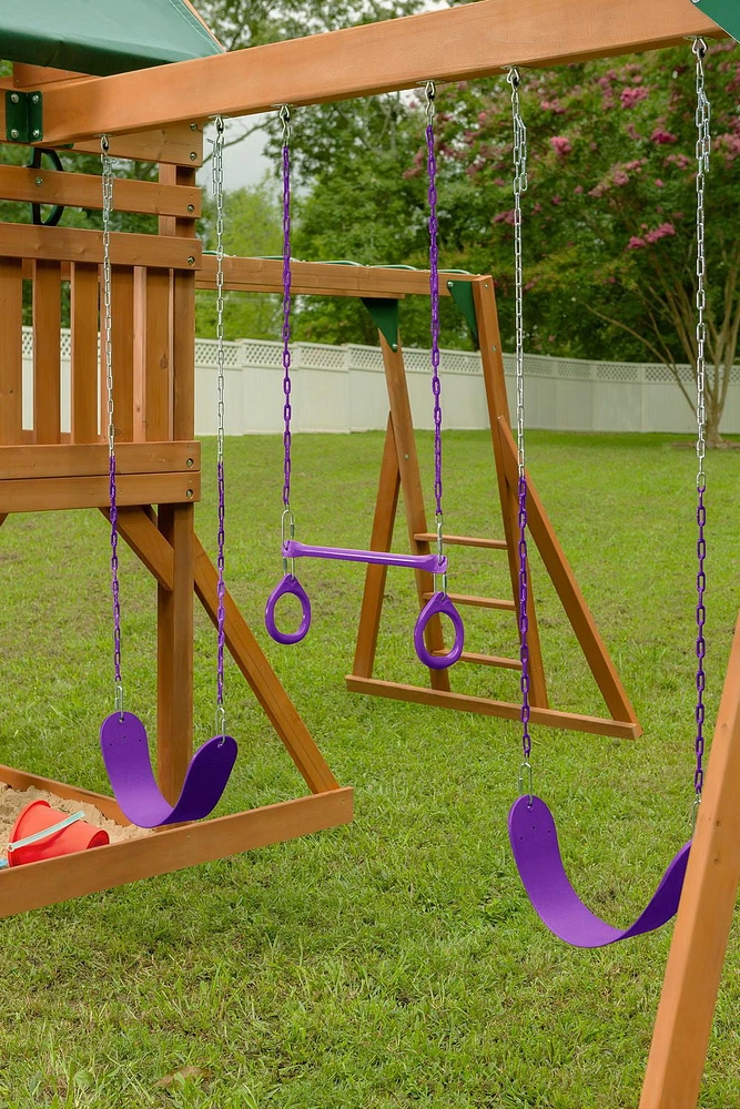 Mountain View Playset with Tarp Roof, Monkey Bars, Climbing Wall & Slide