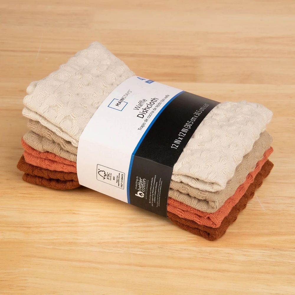 Mainstays 4 Pieces, Waffle Dishcloths, Tan, 4 PACK WAFFLE DISH CLOTH - BEIGE