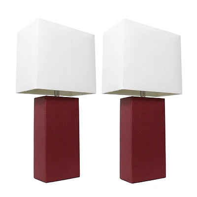 Designs élégants 2 Pack Lampes de table modernes en cuir avec abat-jour en tissu blanc, rouge