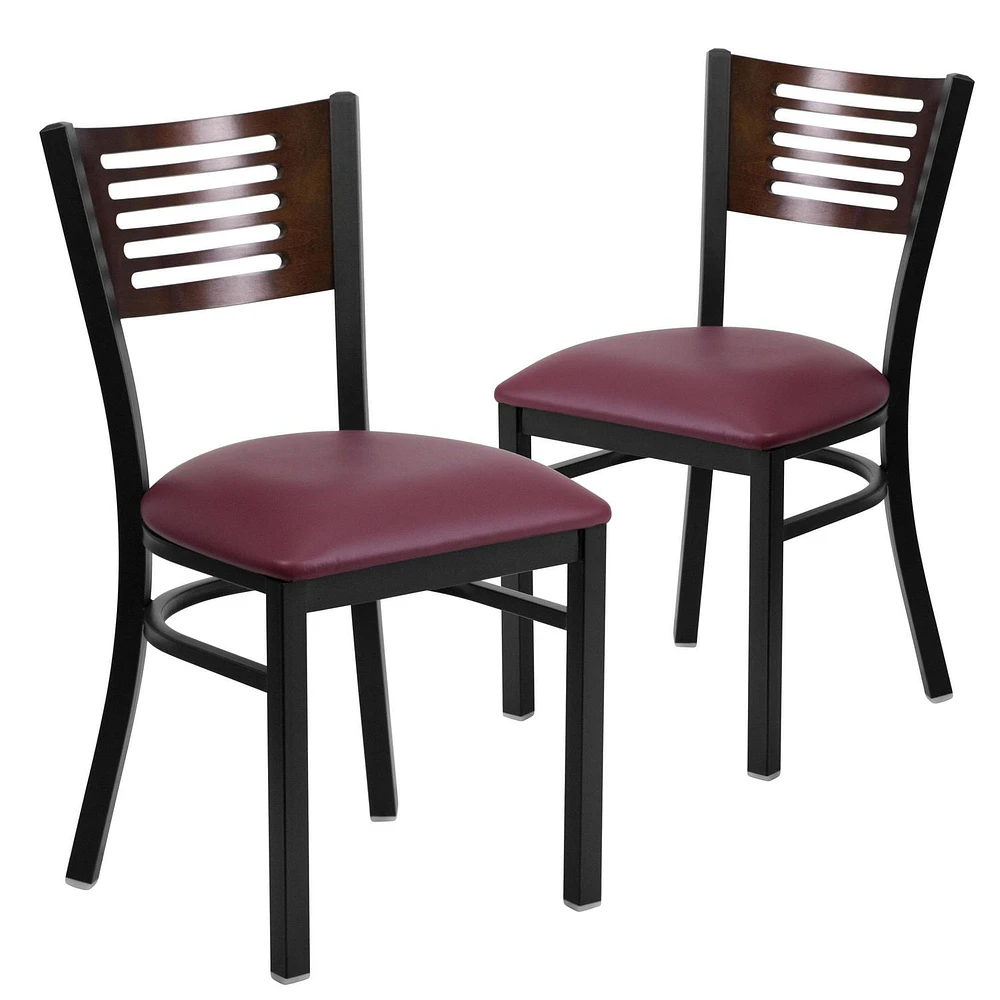 2 Pk. HERCULES Series Black Slat Back Metal Restaurant Chair - Walnut Wood Back, Burgundy Vinyl Seat