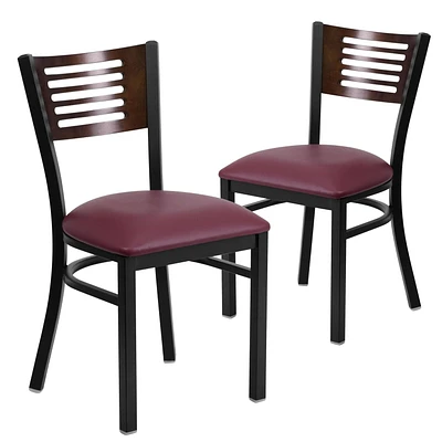 Lot de 2 pièces - Chaise de restaurant de la série HERCULES en métal noir avec dossier à lattes - dossier en bois d'acajou et siège en vinyle bourgogne