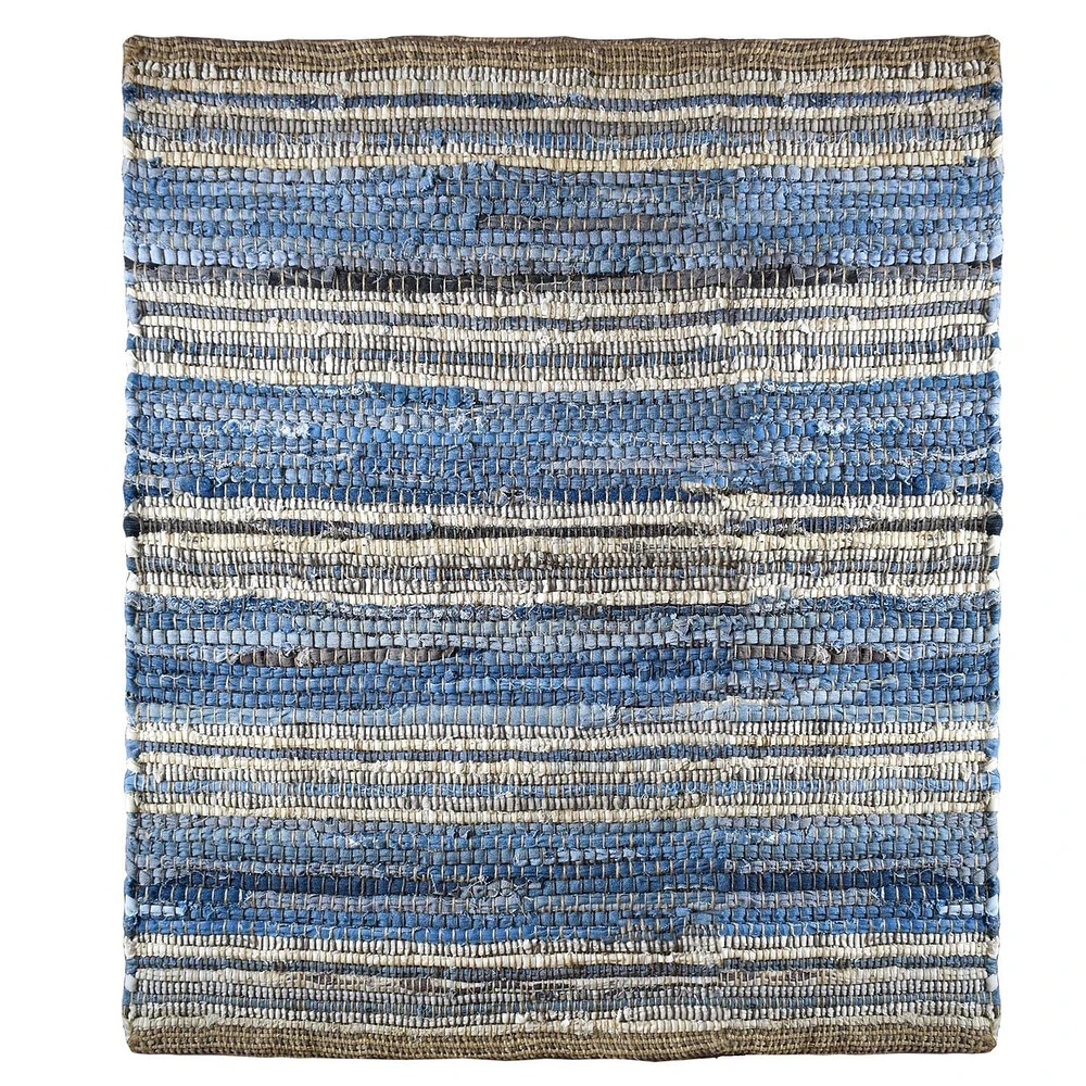 Fabstyles Indigo Recycled Denim & Leather Rug for Living Room, Hallway, Patio