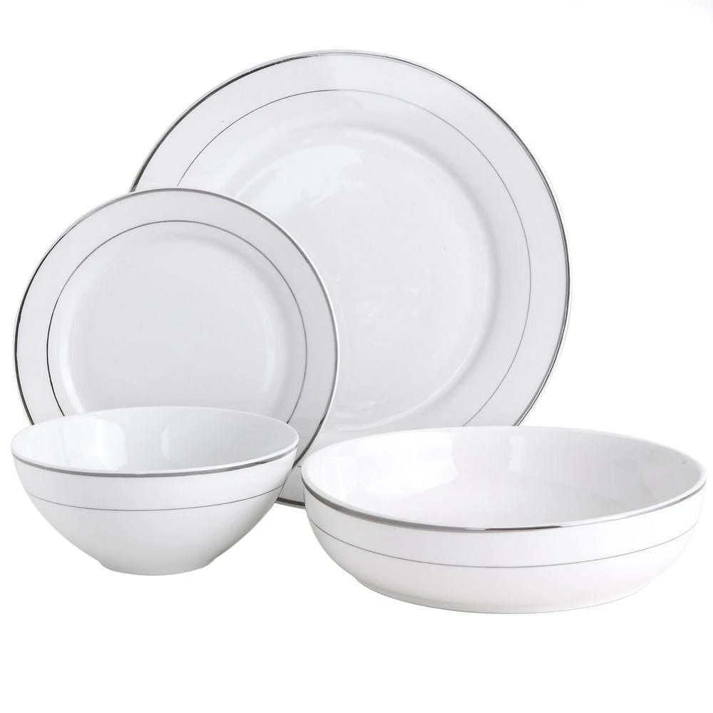 Meritage Classy 16 Peice Dinnerware Set, Double Bowl and Platinum Bands