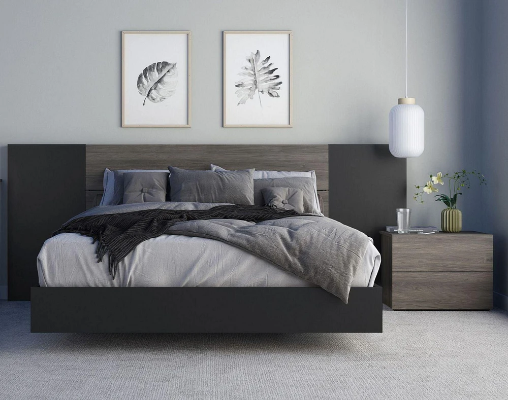 Ensemble de chambre à coucher simple 4 pièces Sinatra, Gris écorce et Noir