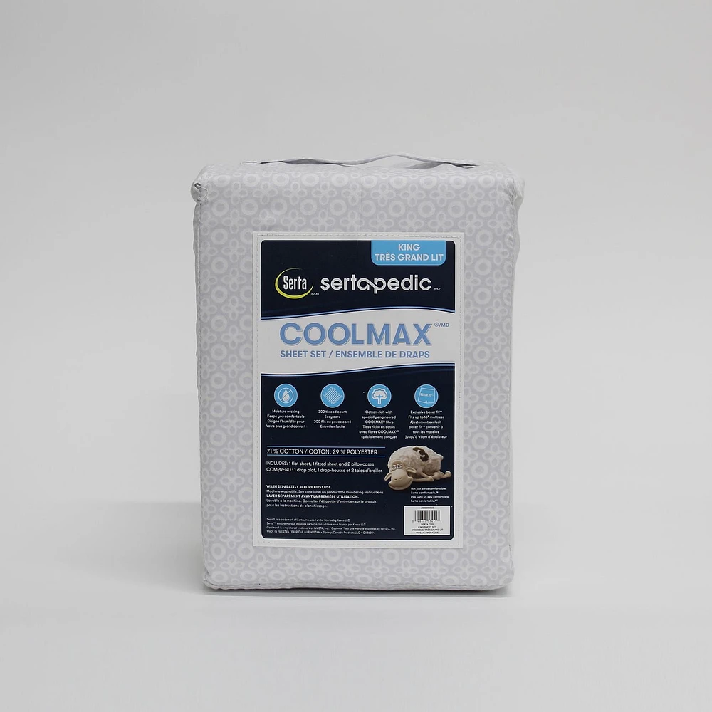 Feuilles de performance Serta Coolmax, ensemble de 4 pièces imprimées 300 TC en Queen and King