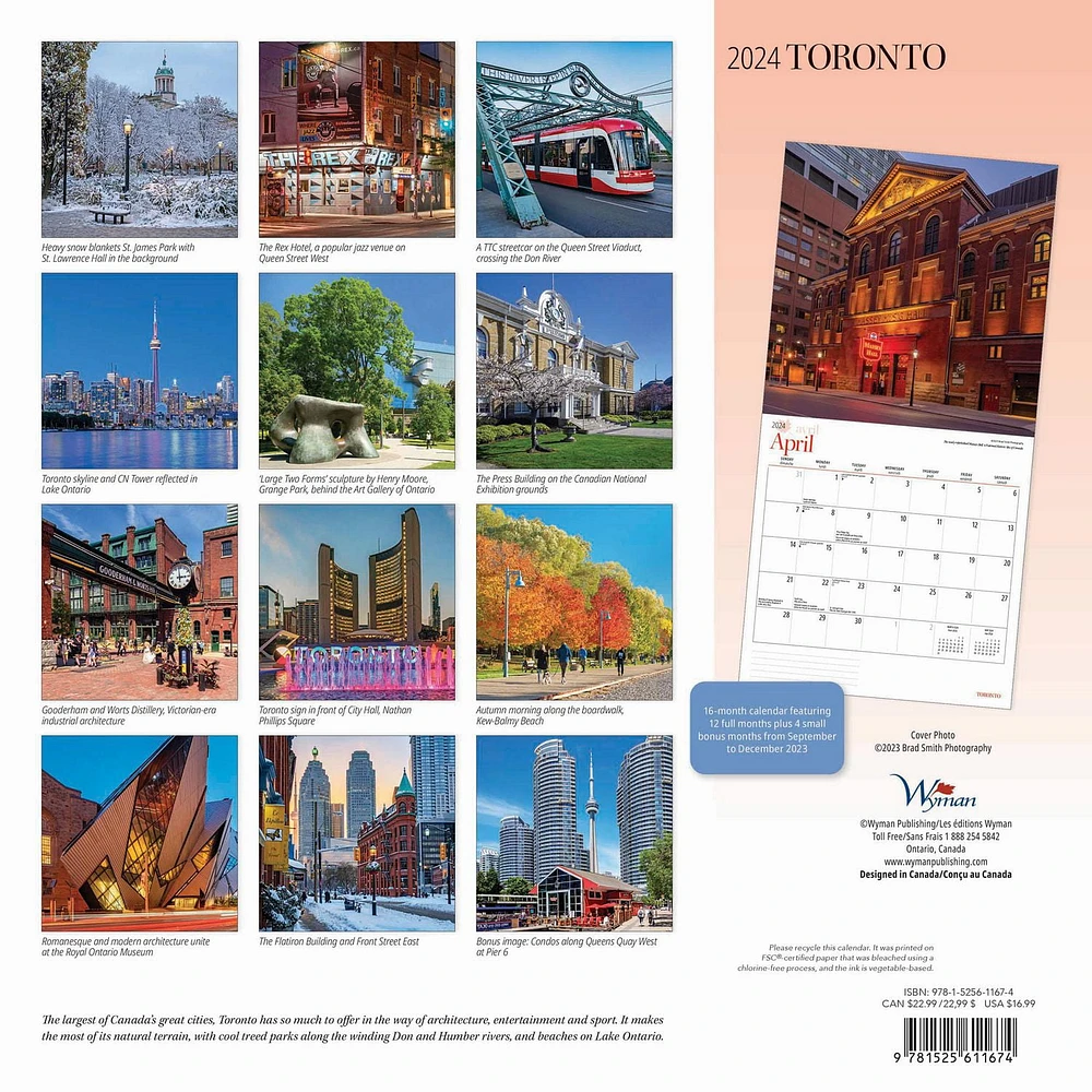 Wyman Publishing Toronto 2024 12x24 Inch Square Wall Calendar, 9781525611674