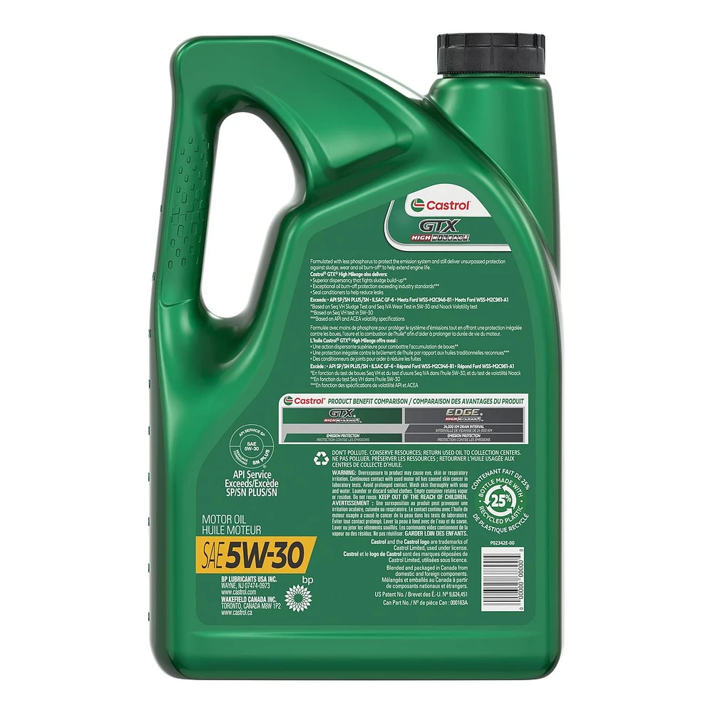 Castrol GTX – High Mileage 5W30 - 5 l Une huile haut de gamme formulée pour les moteurs ayant plus de 120 000 km au compteur.