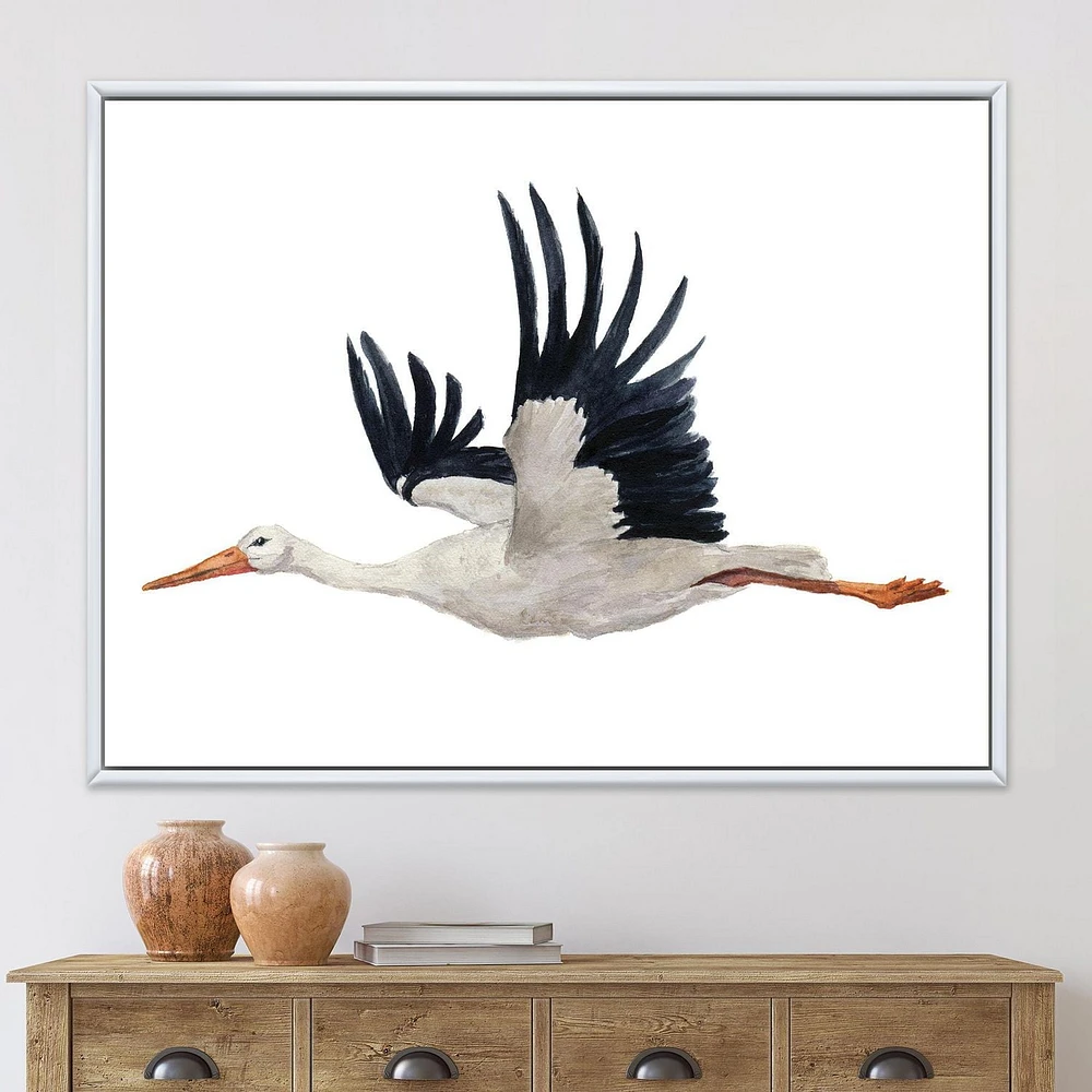 Designart Flying White Stork Ciconia oiseau ART MURAL À CADRE FLOTTÉ