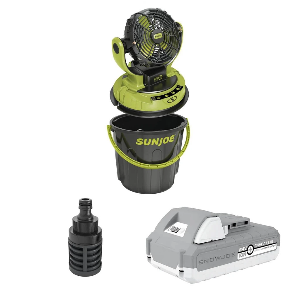 Sun Joe 24V 3-Speed Portable Misting Fan – Rotating Universal Bucket Top Fan with 2.0Ah Battery, Bucket & Hose for Outdoor Cooling
