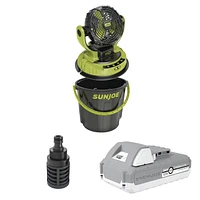 Sun Joe 24V 3-Speed Portable Misting Fan – Rotating Universal Bucket Top Fan with 2.0Ah Battery, Bucket & Hose for Outdoor Cooling