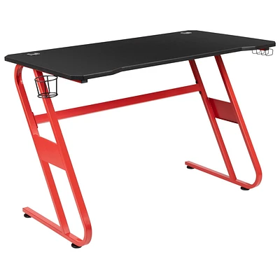 Bureau ergonomique de jeu rouge avec porte-gobelet et crochet pour casque