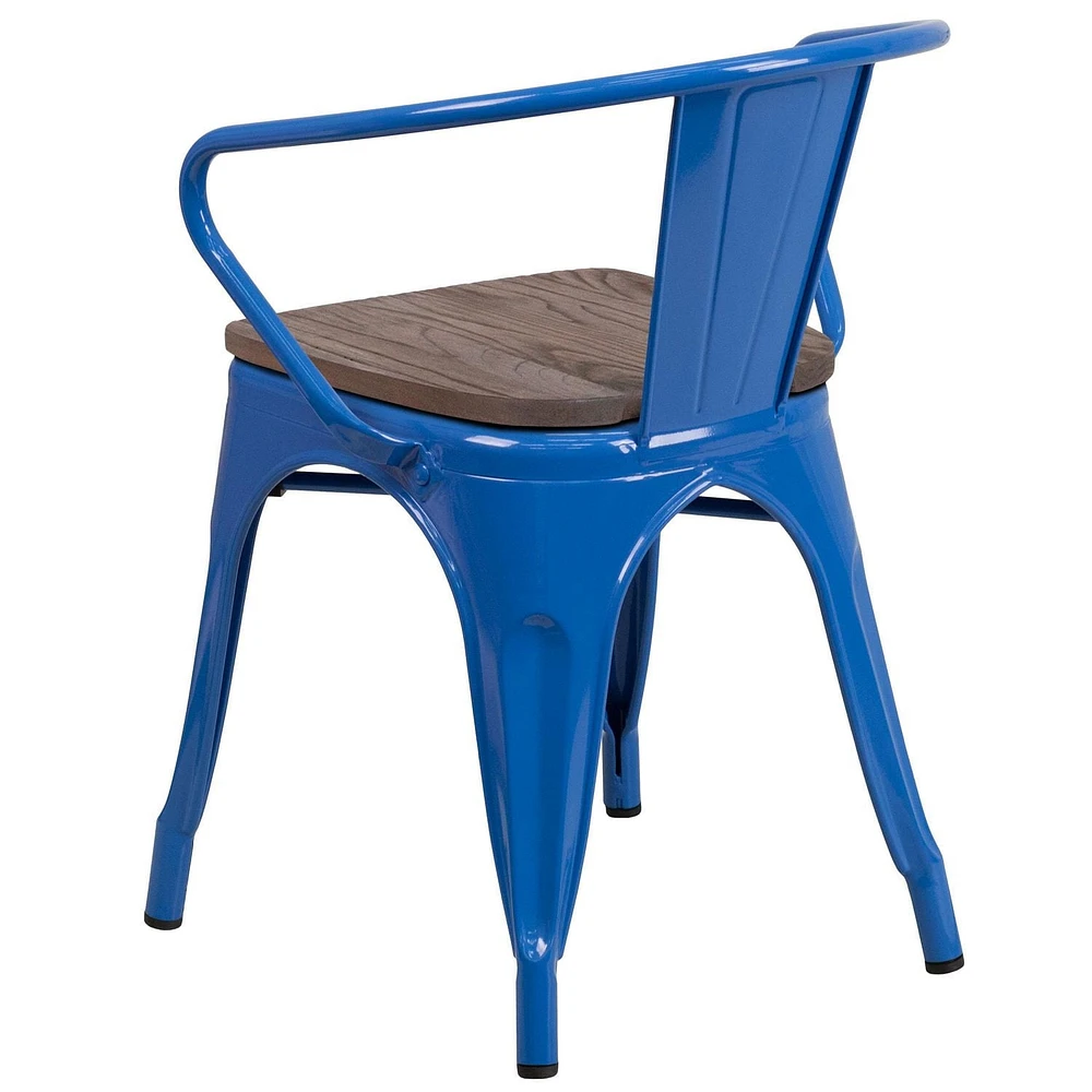 4 Pk. Blue Metal Chair with Wood Seat and Arms